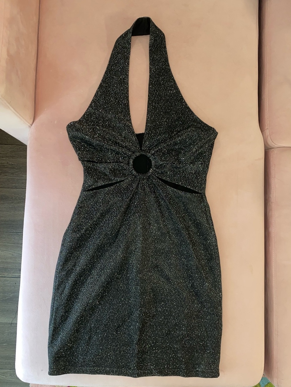 AKIRA Black Sparkle Halter Mini Dress with Ring Detail